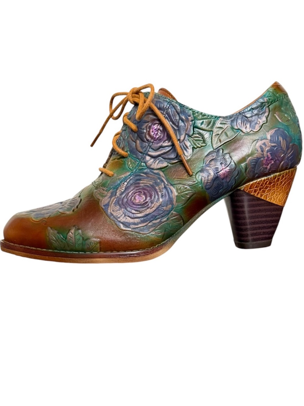 Upcycled OOAK Hand Painted L’Artiste Leather Floral  Embossed booties US 7.5-8